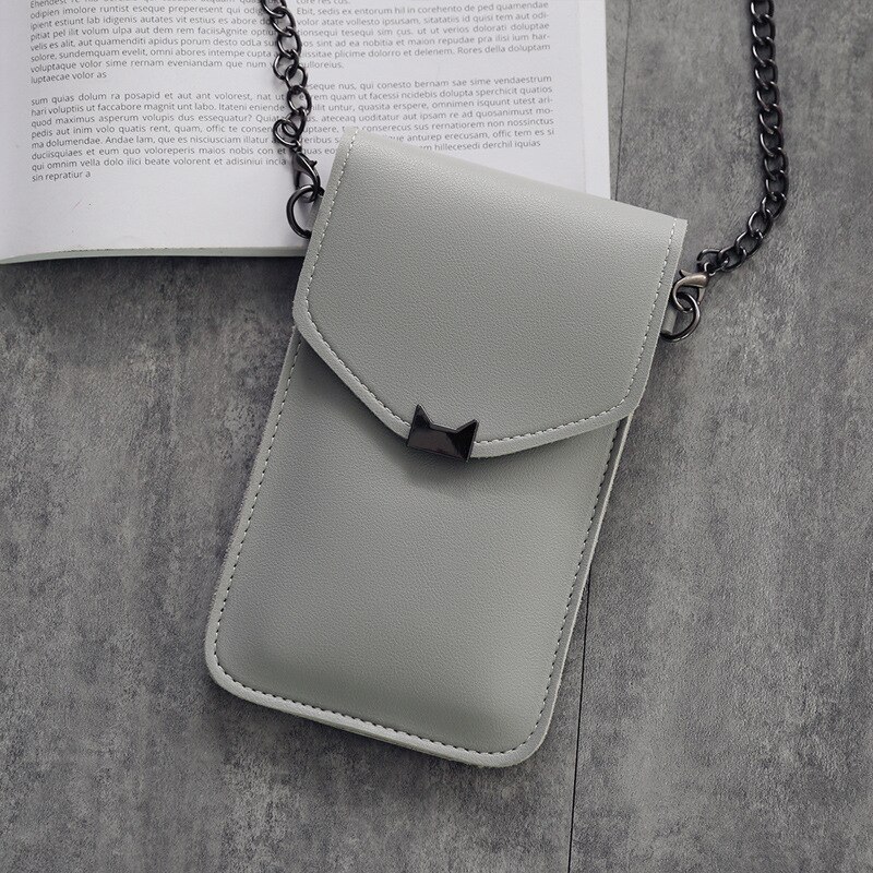 Bolso de teléfono móvil con orejas de gato para mujer, bolsa de mensajero con cadena, con solapa pequeña, estilo Retro, Simple, con pantalla táctil,: Gris