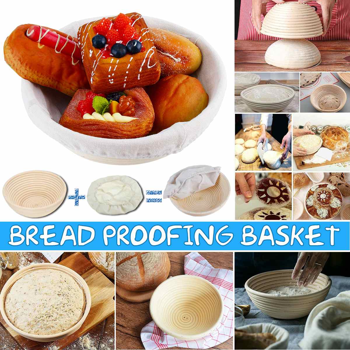 23/25cm Bread Proofing Basket Natural Rattan Wicker Dough Fermentation Sourdough Banneton Bread Basket with Linen Cloth Liner