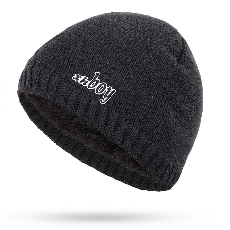 XHBOY Brand Knit Beanie Hat Plaid Stripes Men's Winter Hats Warm Plus Velvet Thicken Hedging Cap Skullies Bone Male: Black