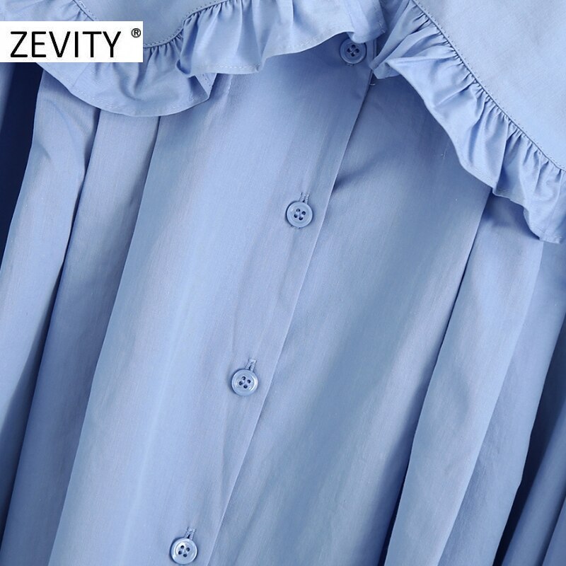 Zevity kvinnor söta veck volanger skruva ner krage smock blus skjortor kvinnor kontor breasted roupas chic chemise toppar  ls7181