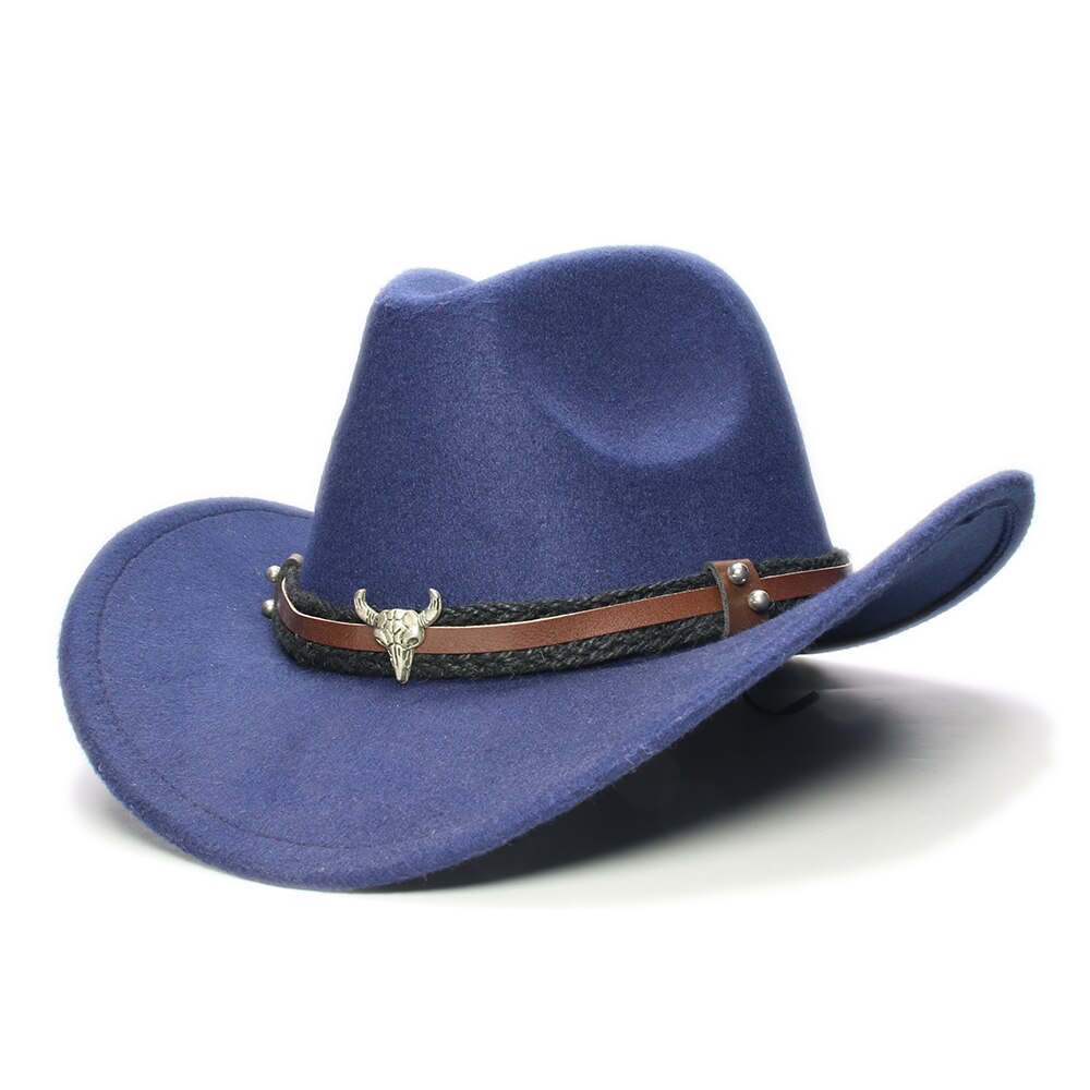 Large Plus 61cm Retro Women Men Wool Wide Brim Cowboy Western Cowgirl Hat Funeral Formal Fedora Cap Bull Head Oxhead Braid Band: Navy