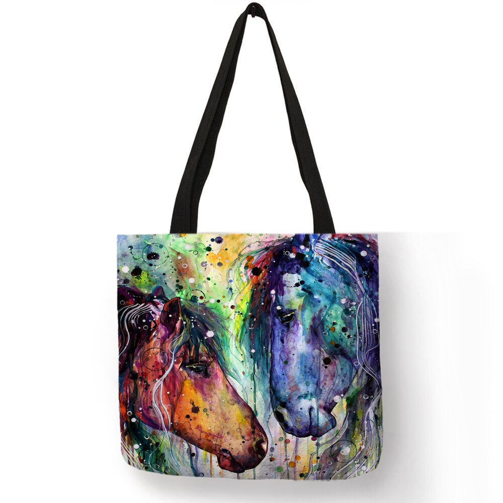 Aquarel Paard Print Linnen Shopping Bag Tote Folding Herbruikbare Reizen School Schoudertassen Casual Handtassen Voor Vrouwen: 005