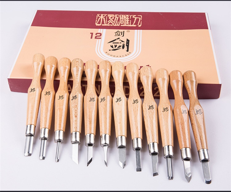 12pcs One Lot SKS7 Steel Twice Polished Kninfe Edge Durable Beech Wood Handle Wood Carving Engraving Knife