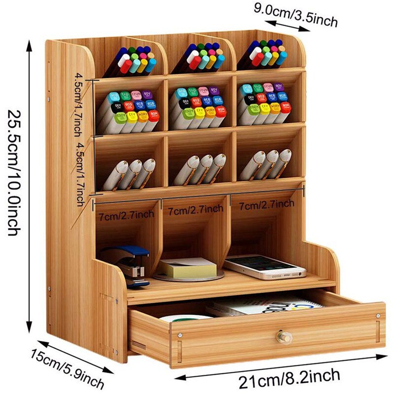 Wooden Pen Holder Desk Organizer Multi-Function Office Pencil Case Large Capacity Pencil Organizer Desk Storage Box