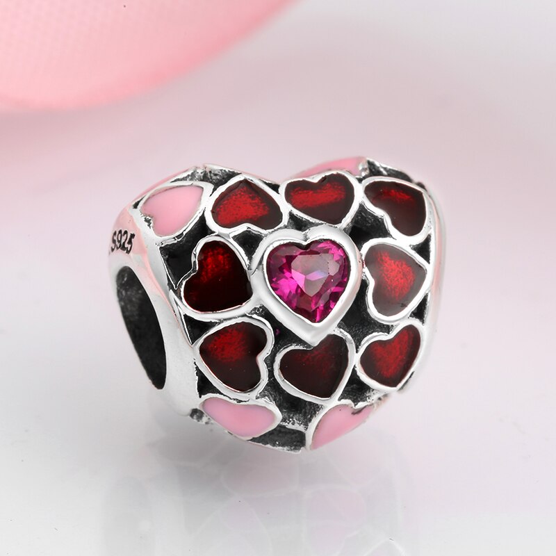 Vendita calda 925 sterlina d'argento rosso cuore zirconi Misura branelli Originale JIUHAO Pendenti E Ciondoli Dei Monili Del Braccialetto