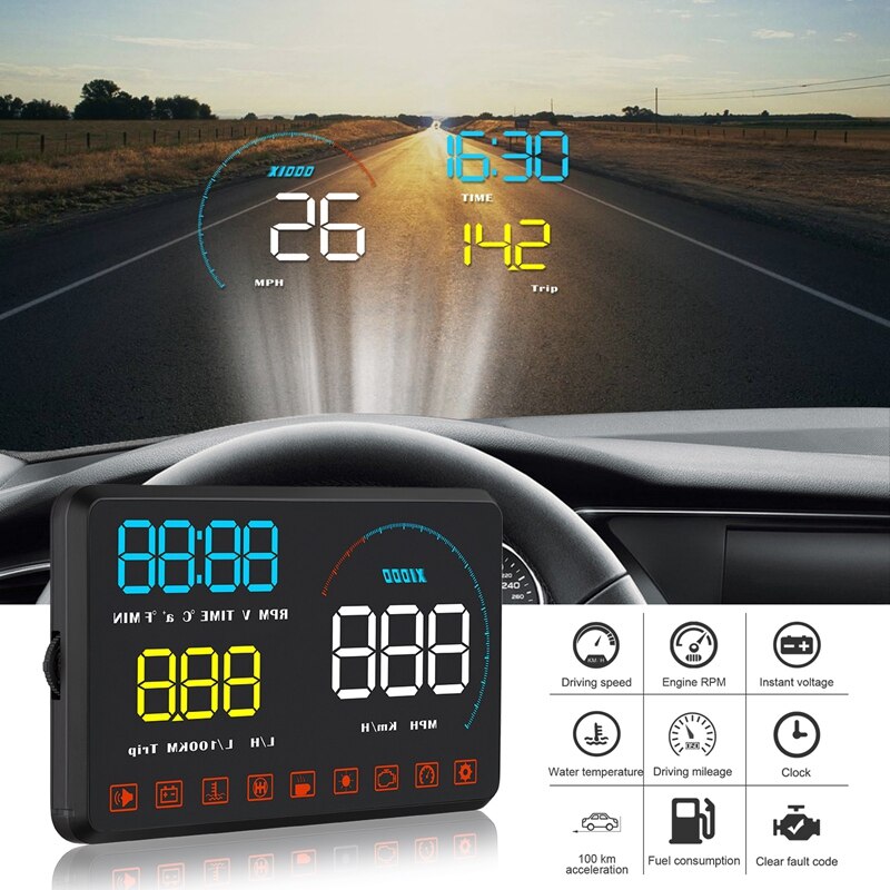 Pantalla frontal de coche, parabrisas, interfaz Obd2, Km/H, Mph, sistema de advertencia de velocidad, A9