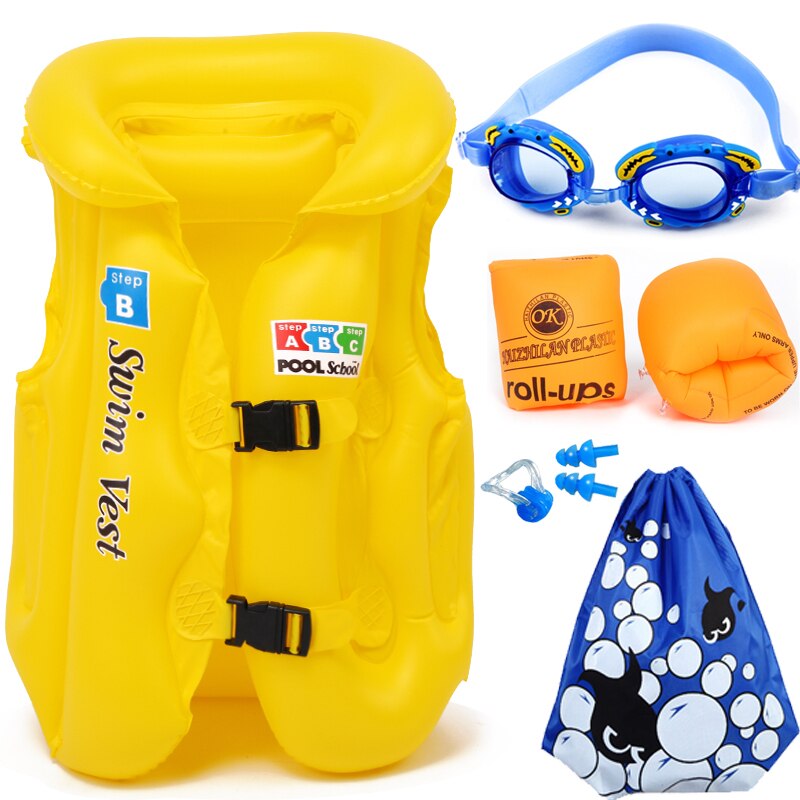 Children Swimming Vest Inflatable Floating Sleeves Goggles Nasal Congestion Earplugs Bag Full Set Buoyancy Lifevest Pool Fishing