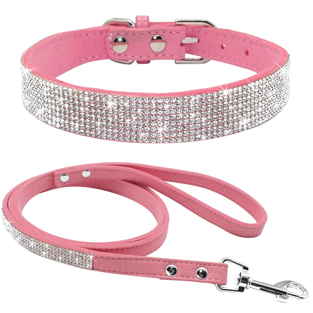 Strass hundhalsband bling kristall katt hundhalsband och koppel set djurpromenader koppel justerbar för små medelstora hundar: S / Rosa