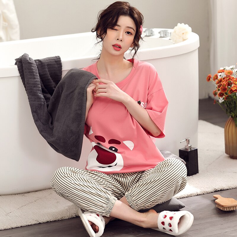 BZEL Pink Clothes For Women Cartoon The Bear Print Short Sleeve Long Pants 2Pcs Home Cotton Clothes Night Home Set Necking