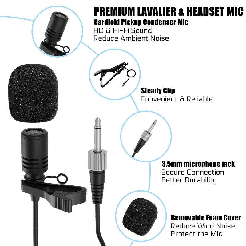 Système de Microphone sans fil double, micro casque/micro sur pied/micro à revers Lavalier avec émetteur et récepteur Bodypack rechargeables