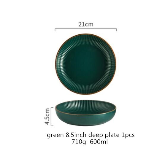 Green And Beige Matte Ceramic Steak Food Plate Nordic Style Tableware Bowl Ins Dinner Dish High End Porcelain Dinnerware: g 8.5inch deep plate