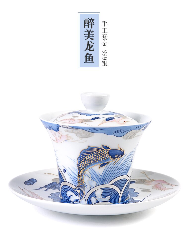 Lovende drage fisk keramisk låg skål te kop blå og hvid porcelæn te skål stor størrelse terrin husholdning kungfu tekop