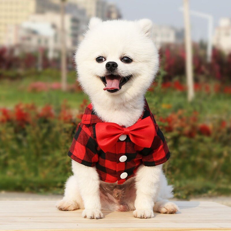 Costume à carreaux avec nœud papillon pour chien, T-Shirt d'été à manches courtes pour petit et moyen gabarit, Costume de mariage pour chiot