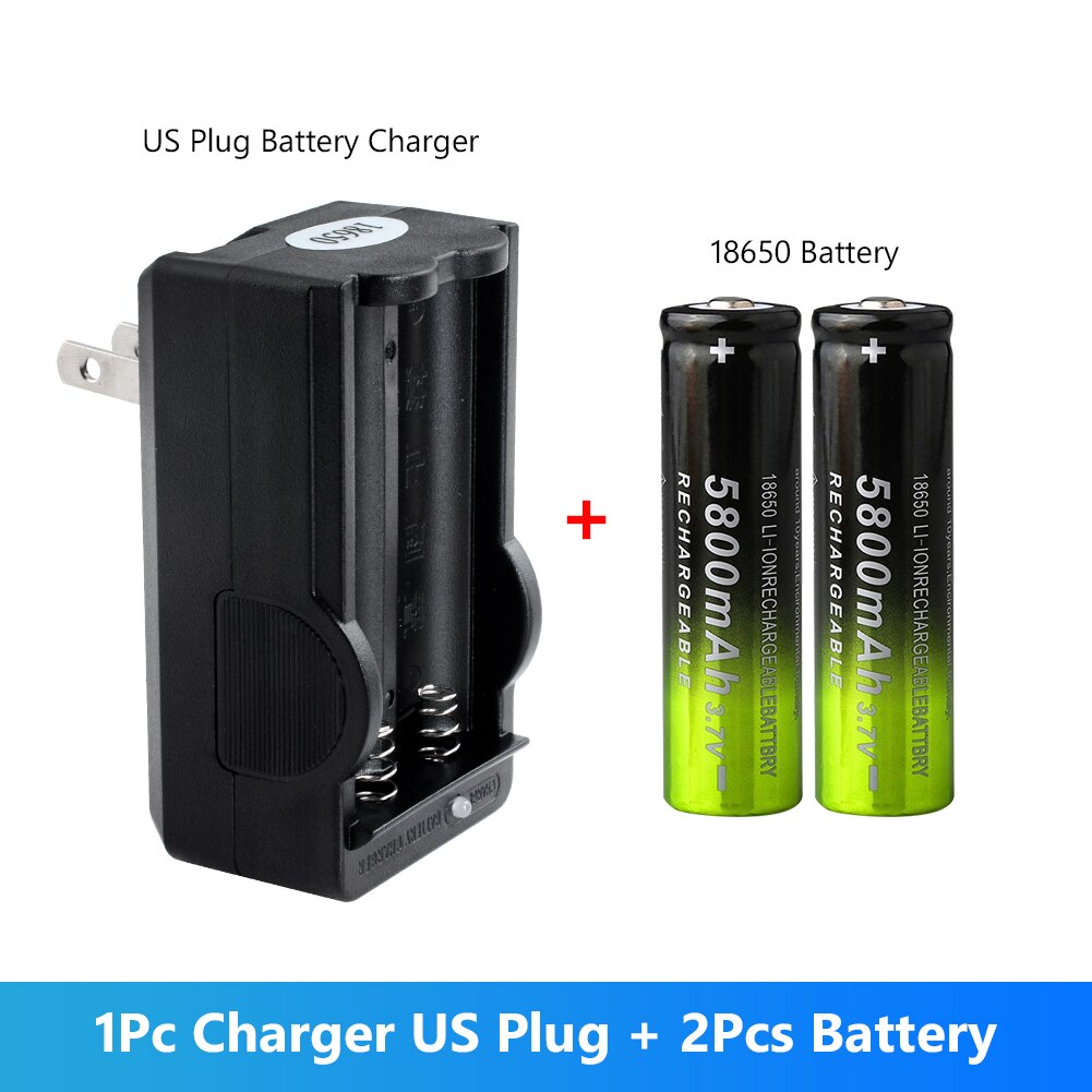 2pcs 18650 Rechargeable Battery 5800mAh 3.7V Lithium ion batteries For 4.2v Flashlight Battery+EU Plug Dual Battery Charger: 2 battery US Plug