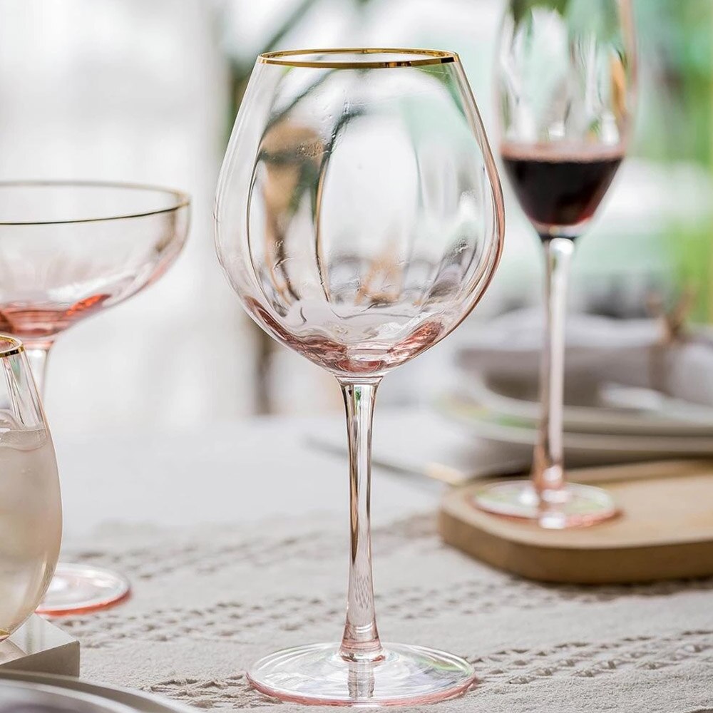 Copa de vino tinto con borde dorado, copa de champán, agua, helado, copa de vino chapada en oro para el hogar, Rosa