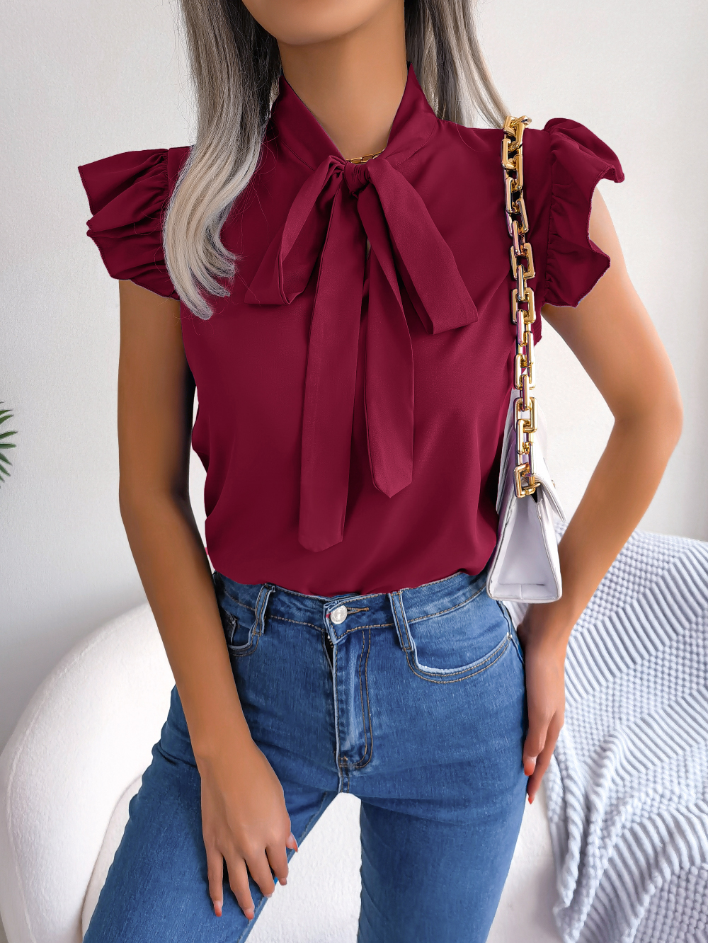 Blusa de gasa de manga corta con volantes y lazo informal de verano para mujer