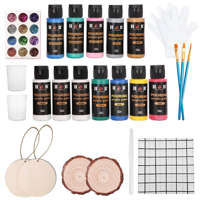 37Pcs Metallic Acryl Gieten Verf Set,12*60Ml Vloeistof Diy Flessen Voor Oppervlakken Uitgerekt Canvas, hout, Air Droge Klei