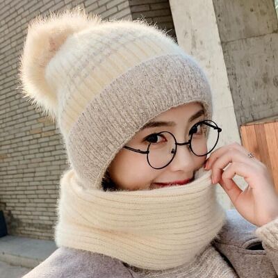 Vinter tykk pluss kashmir varm lue kvinneskjerf fuskepels pomponger vinter kvinners strikke lue ull hatt ski 2 sett: beige