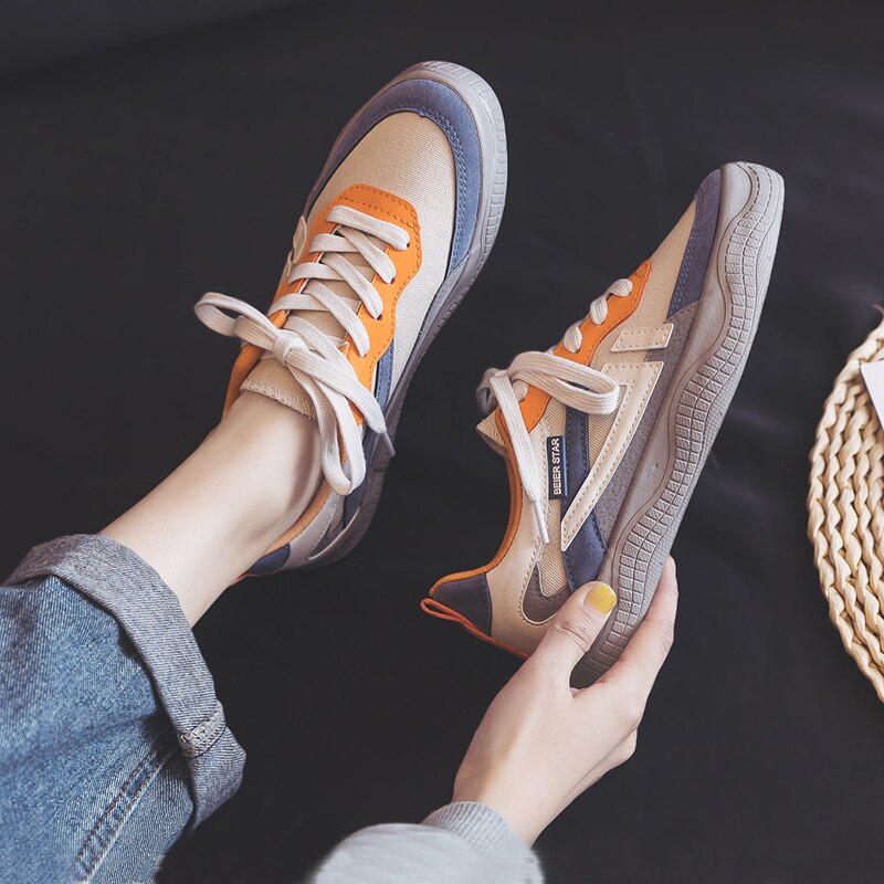 Lærredssko kvinders forårs koreansk stil smarte sko afslappet blandet farve lav-top snøre pige sneakers 35-40