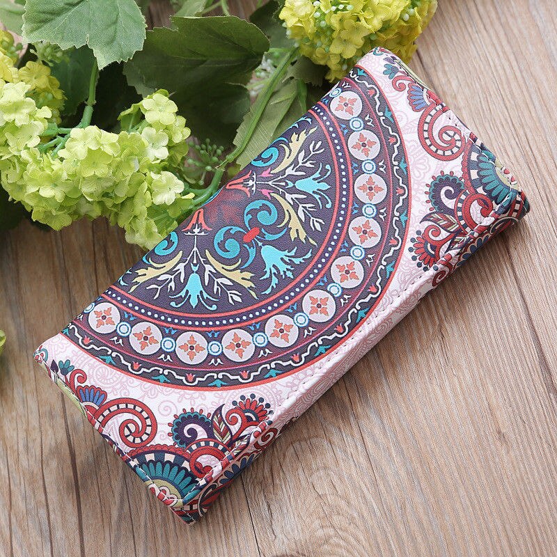 Damesportemonnee lang nationale stijl bedrukte portemonnee pu leren creditcardhouder clutch: En