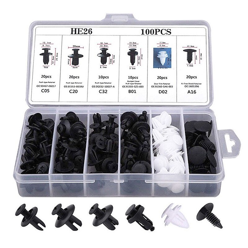 6 tamaño 100 Uds Auto Clip de sujeción mixto cuerpo del coche Push retenedor Pin remache parachoques puerta ajuste Panel retenedor Kit de fijación: box