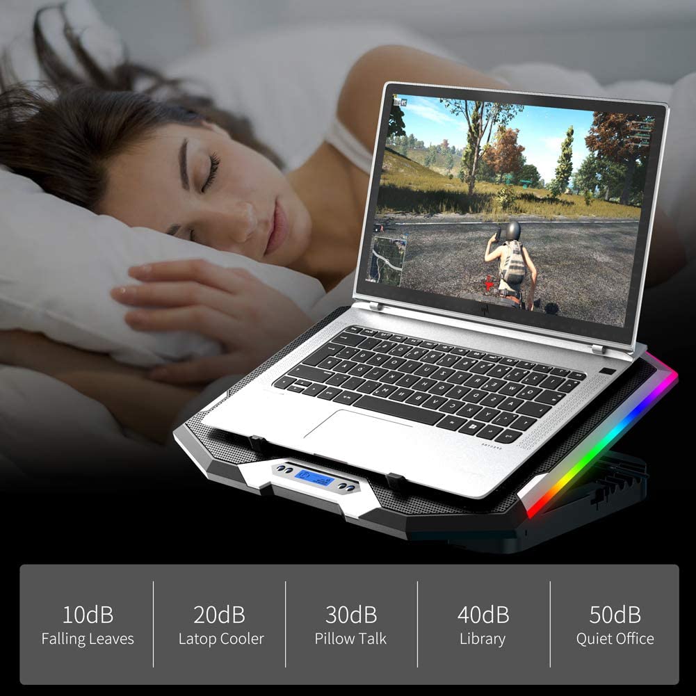 Refrigerador RGB para ordenador portátil, almohadilla de refrigeración para portátil de 12-18 pulgadas, seis ventiladores, pantalla LCD, soporte ajustable para Notebook, dos puertos USB
