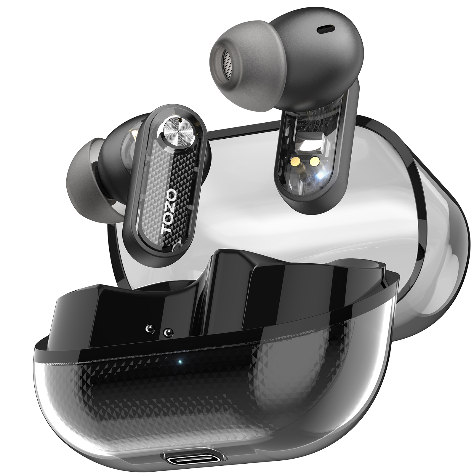 Tozo crystal pods trådlösa öronsnäckor med in-ear-funktion, bluetooth 5.4, dubbla mikrofoner, ai, tydliga samtal, transparent laddningsfodral