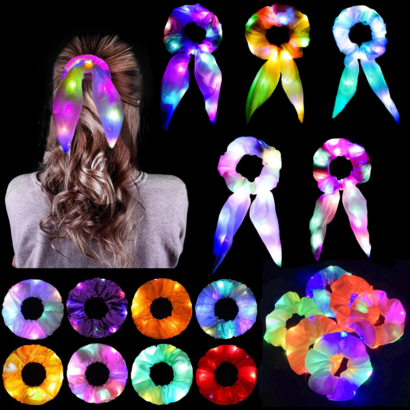 Popular parpadeante iluminado chica lazo para el cabello LED luminoso chica Scrunchies mujeres brillante Scrunchy cuerda para el cabello accesorios para el cabello