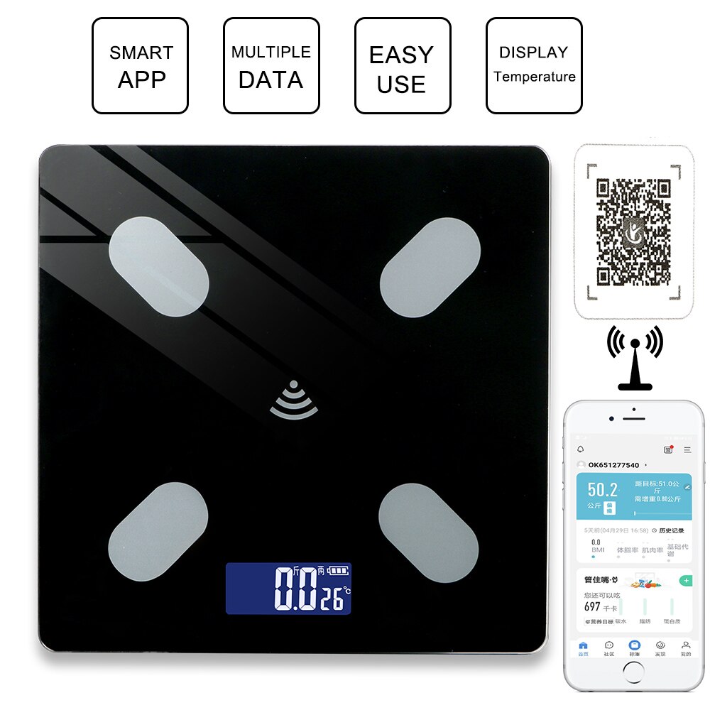 Smart BMI Fat Scale LCD Digital Screen USB Charging Household Weighing Scale Intelligent Bluetooth APP Android IOS