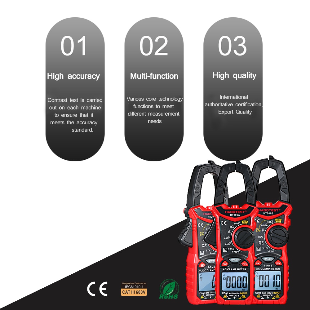 HABOTEST Ammeter AC/DC Amp Meter HT206A/HT206B/HT206D Clamp Meter Voltmeter Clamp Voltage Indicator Multimeter