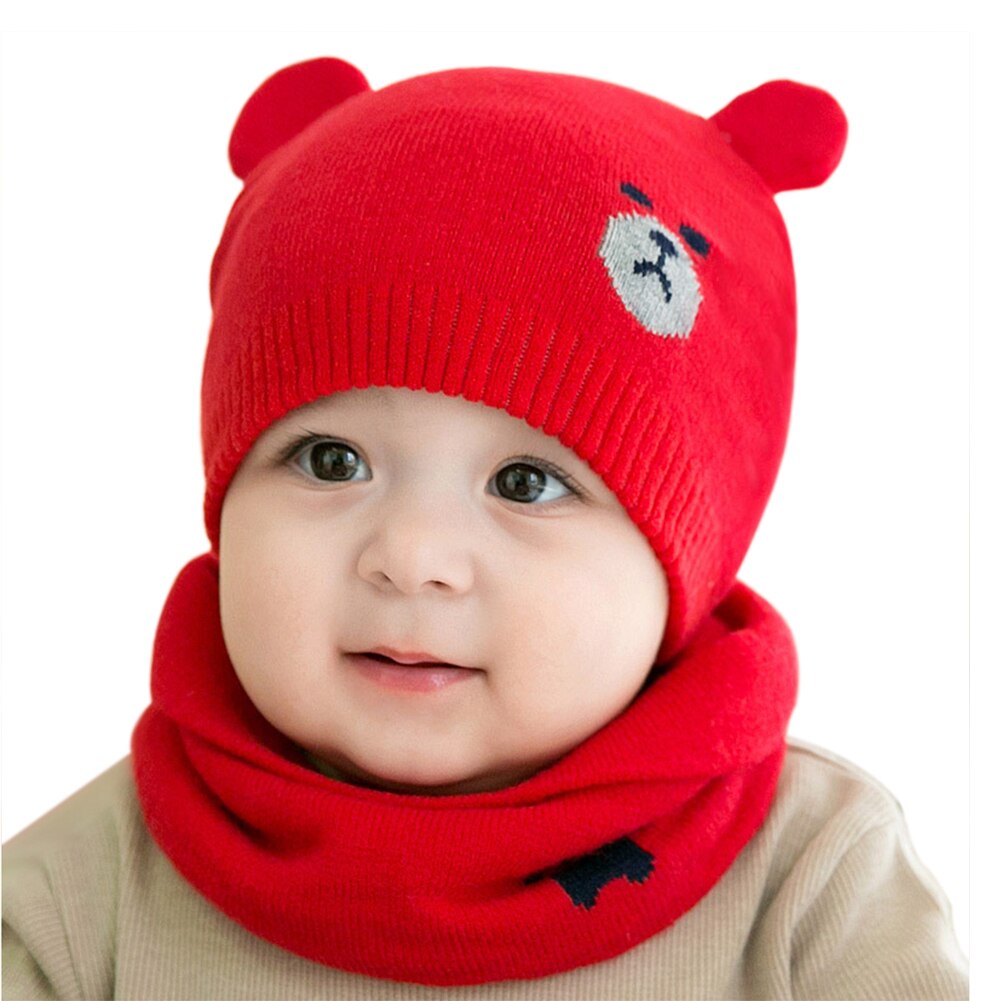 Baby Winter Caps Scarf Suits Warm Knitted Beanie Cap Cute Cartoon Bear Beanie KS: Red