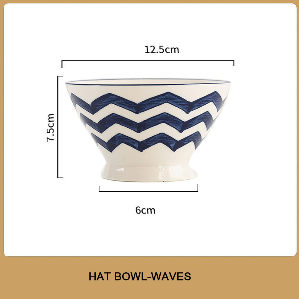 Japanse Ramen Kom, Keramische Kom, Servies, Hoge Voet Hoed Kom, Grote Soepkom, thuis Netto Blauw En Wit Porselein: Waves