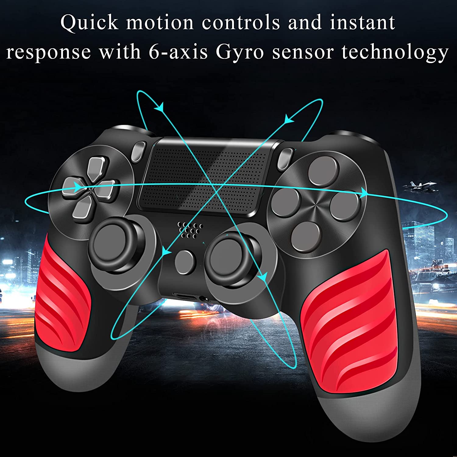 Mando PS4, Mando Inalámbrico para Playstation 4, Controlador Inalámbrico Gamepad Doble Vibración para Playstion 4, Bluetooth Joystick PS4 con Cable y Agarres para el Pulgar: Negro
