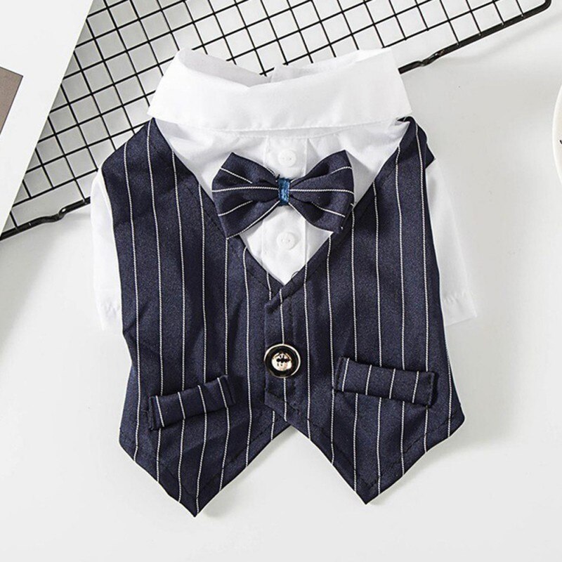 Gentleman Dog Clothes Wedding Suit Formal Shirt For Small Dogs Bowtie Tuxedo Pet Outfit Costume For Cats Spring And Summer Suits: Navy Blue / XXL