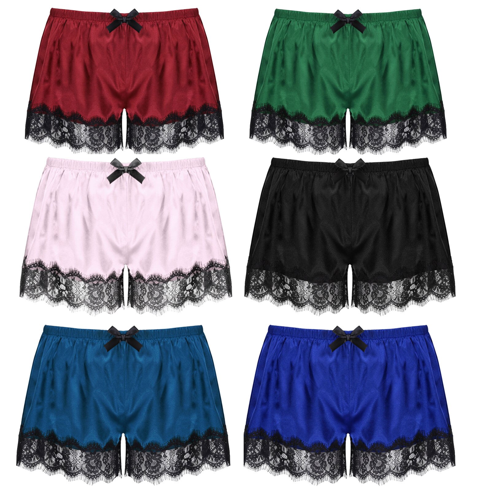Men Satin Shorts Sleepwear Elastic Waistband Lace Trimming Pajama Pants Nightwear Birthday