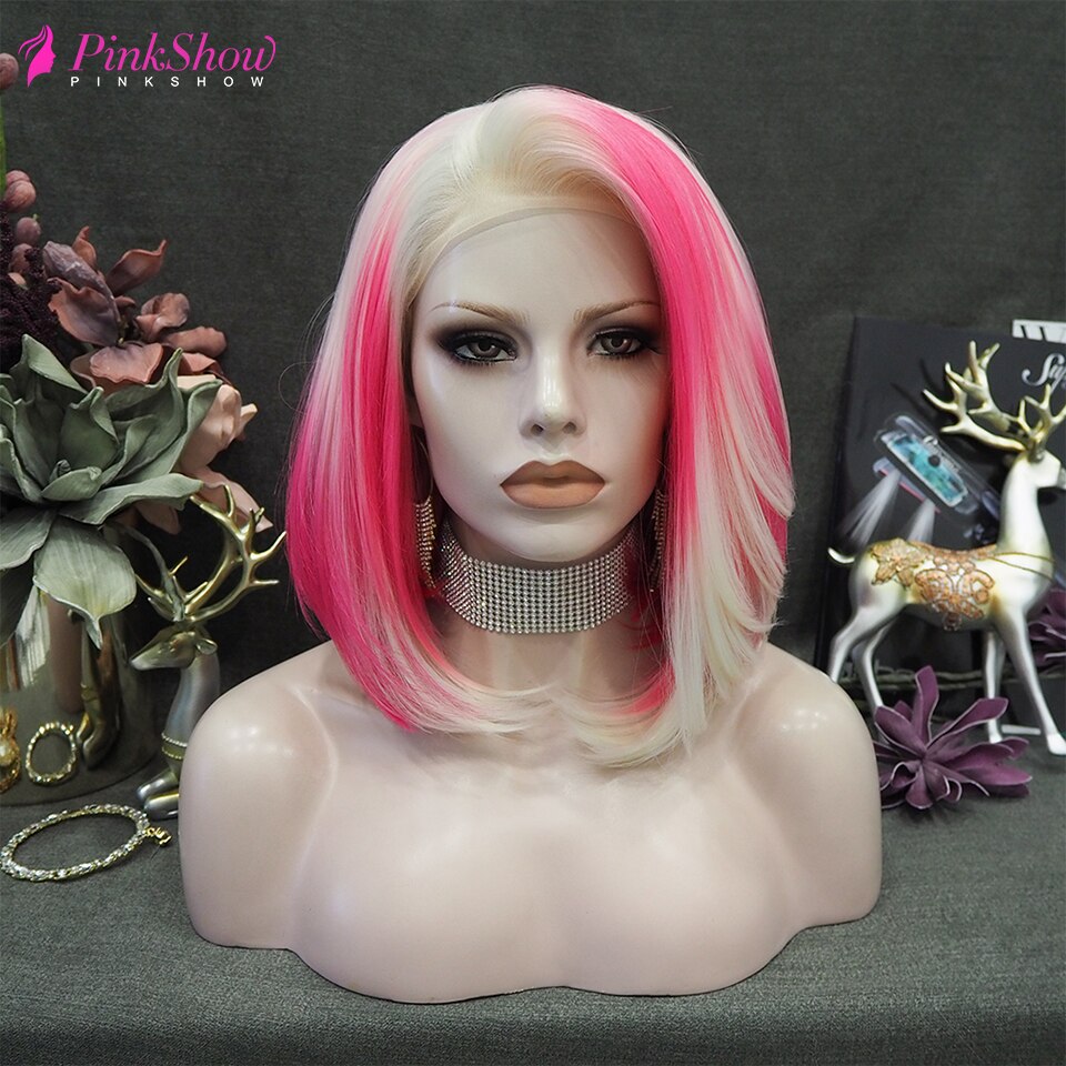 Pinkshow Blonde Roze Pruik Korte Bob Pruik Synthetische Lace Front Pruik Hoge Temperatuur Vezel Cosplay Pruiken Voor Vrouwen