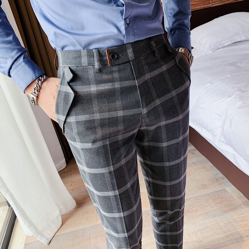 affaires décontracté Slim Fit Plaid pantalon hommes robe automne Slim Fit tout Match droit bureau pantalon vêtements de cérémonie: Dark Gray / 36