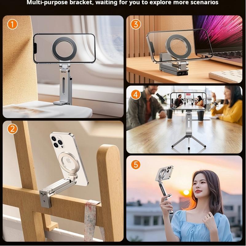Bärbar magnetisk telefonhållare i aluminiumlegering, 360 ° roterande, vikbart stativ för resor/bil/skrivbord, resestativ för flyg och tåg