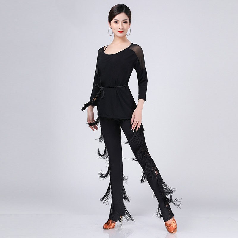 Trajes de baile latino para mujer, conjunto de traje de baile, vestidos de competición, pantalones de danza con flecos para adultos Tango