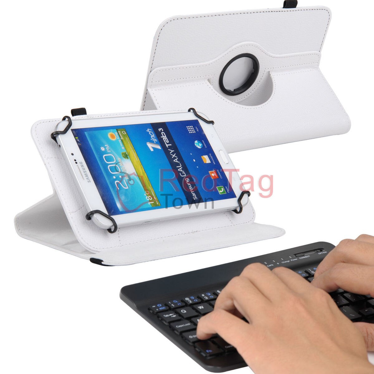 Rotating PU Leather Case with Bluetooth Keyboard for 7" RCA 7 Voyager II 2 / Pro Tablet Stands: White