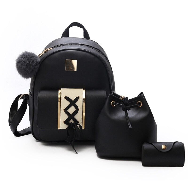 Women Backpack Girls Solid PU Leather Shoulder Mini Backpack Shoulder Bag Women Backpack Set Bag Mochila FemininaDropshipping 50: black