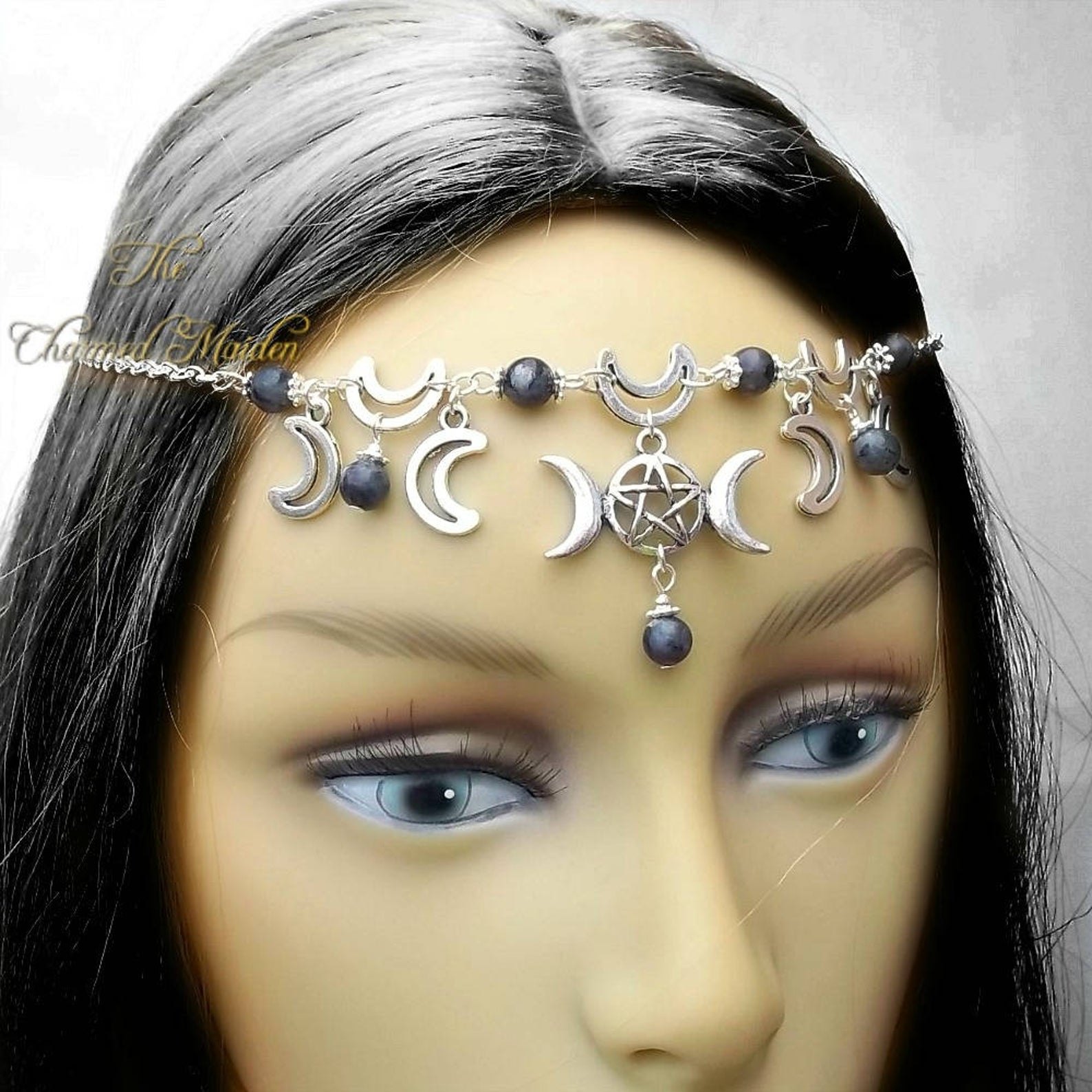 WiccMoon Circlet, Pagan Headdress Wiccan Head Chain Moon &amp; Triskele Headpiece Gothic Head Chain: B4