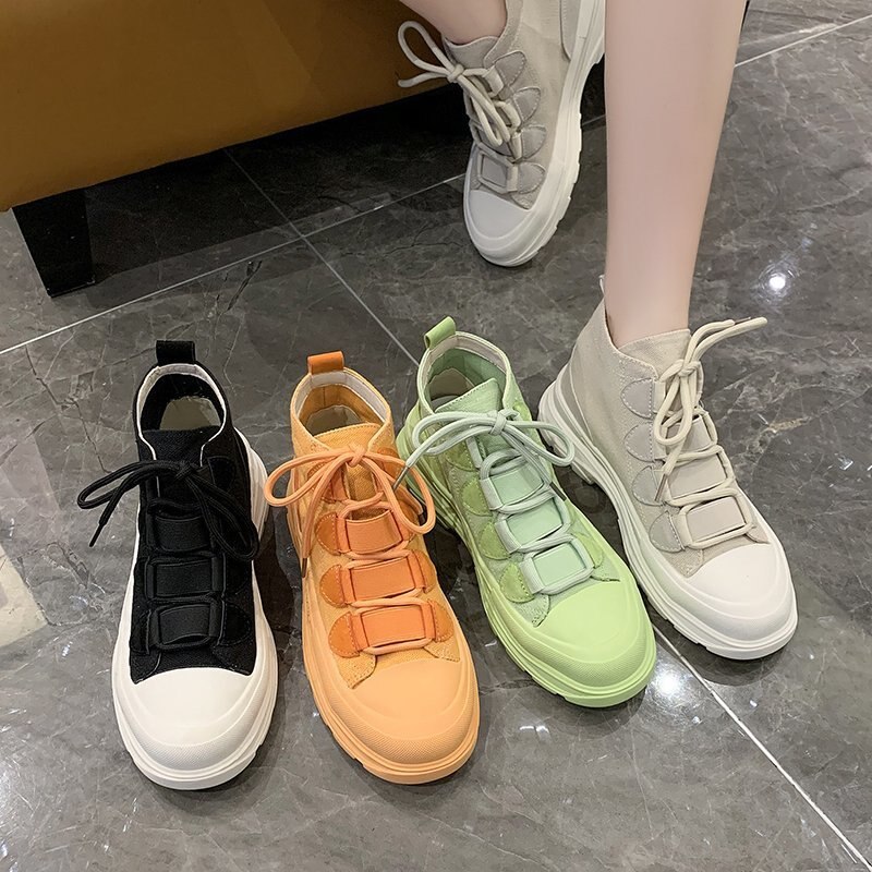 Kobiety wysokie buty płócienne kobieta platforma trampki nowi projektanci pomarańczowe buty marki Chunky Sneaker Ladies sznurowanie