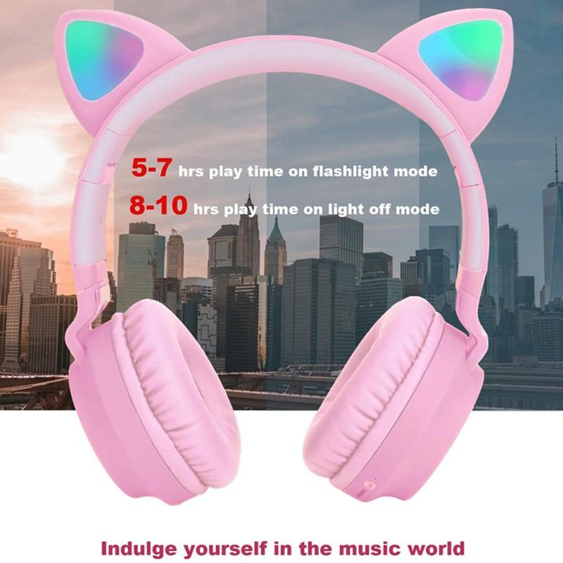 BT028C Bluetooth 5.0 casque sans fil pliable LED oreille Flash mignon rose écouteurs avec Microphone mains libres pour