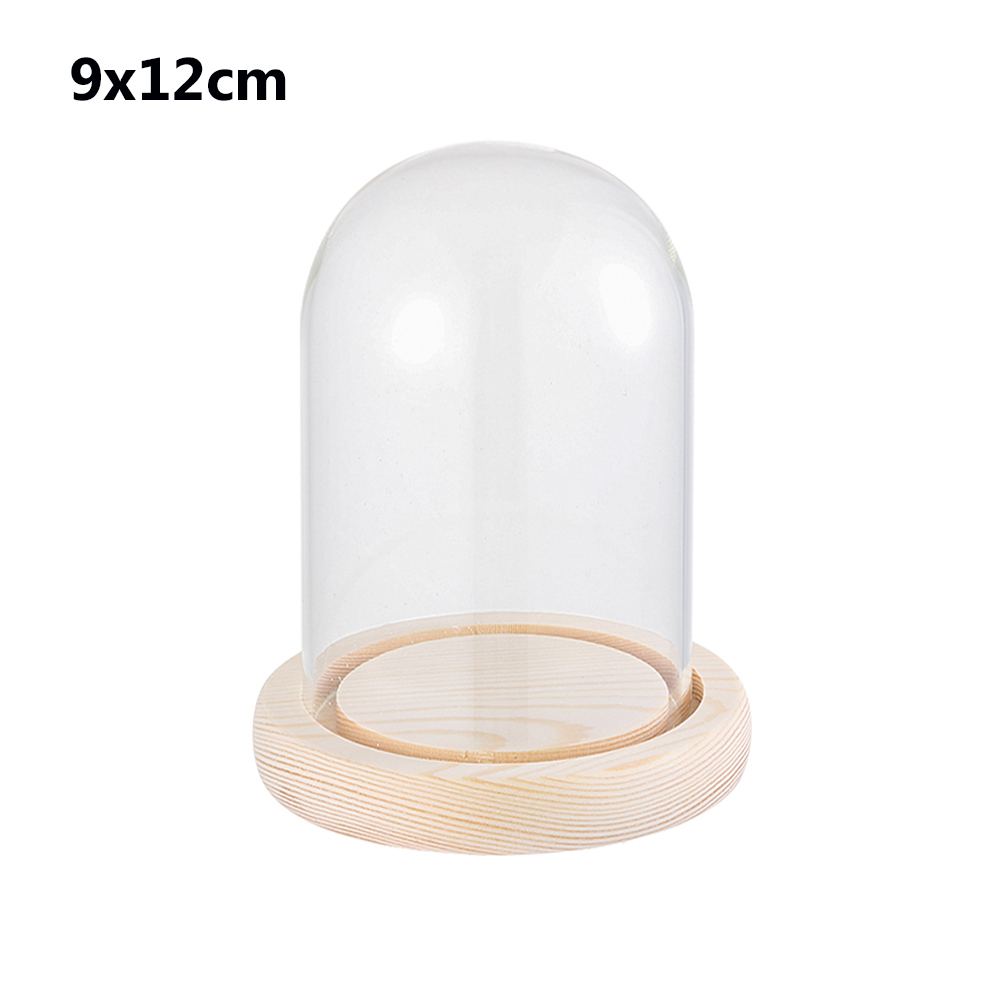 1Pcs Sferische Glas Cloche Jar Display Stand Cover Terrarium Fles Met Houten Base Acryl Stofkap Display Box Bloem doos: 9x12cm with base