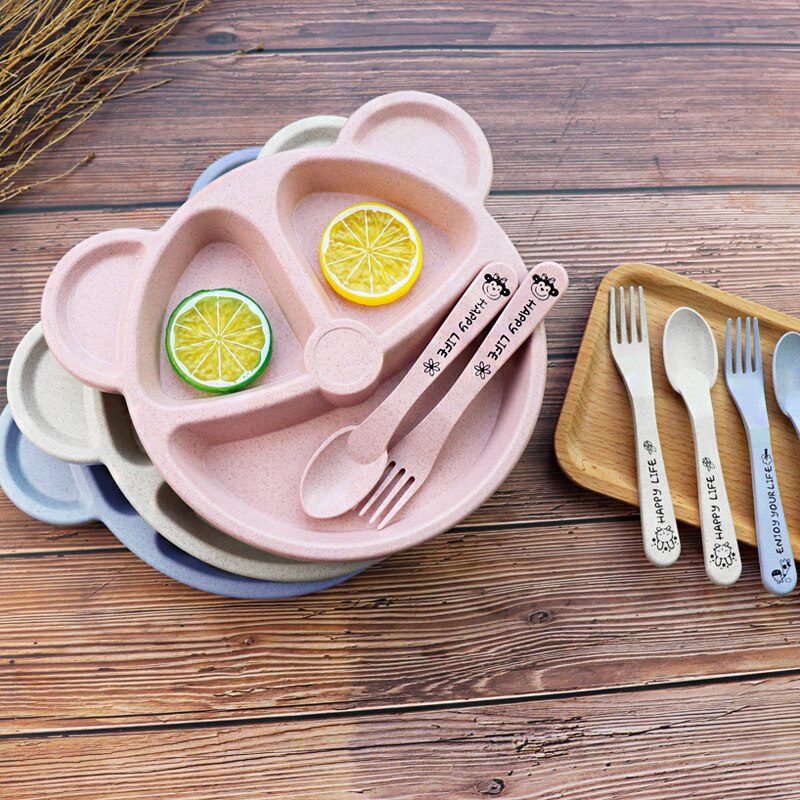 3 stk / sæt baby skål + ske + gaffel fodring mad bordservice tegneserie bjørn børn retter spiser porcelæn anti træning middag plade