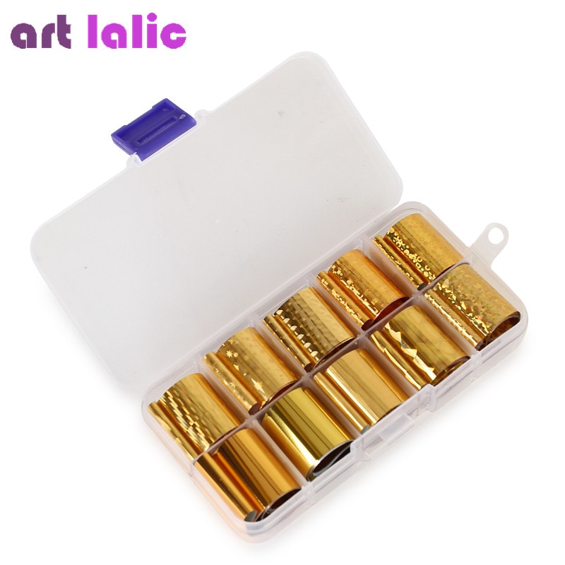 10 Rolls/Doos Holografische Nail Art Folie Set Charm Gradiënt Gold Transfer Wraps Sticker Diy Manicure Decals