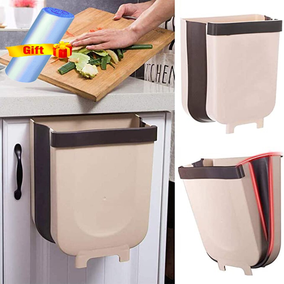 Foldable Waste Bin Hanging Trash Can Collapsible Easy Clean Indoor Kitchen Food Garbage Bucket Under Countertop Sink Rubbish: Khaki / S