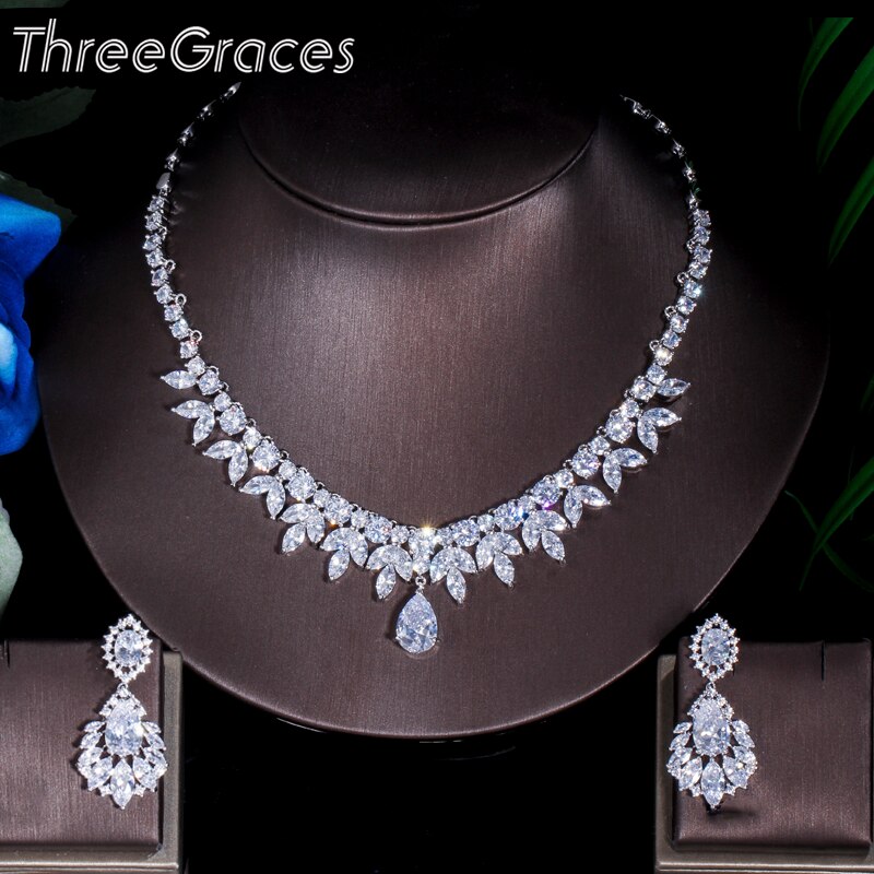 ThreeGraces – accessoires de mariée américaine de supérieure, ensemble collier et boucles d&#39;oreilles en pierre CZ, bijoux pour mariées JS003