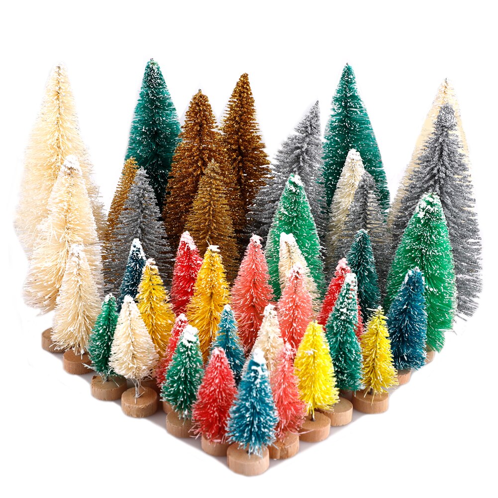 22Pcs Mini Grenen Bomen Set Sisal Sneeuw Vorst Kerstbomen Met Houten Basis Fles Borstel Plastic Winter Sneeuw Versiering craft